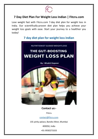 7 Day Diet Plan For Weight Loss Indian | Fitcru.com