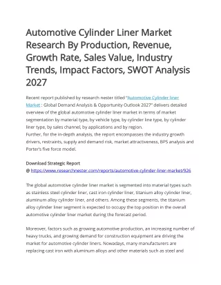 Automotive Cylinder Liner Market Impact Factors, SWOT Analysis 2027