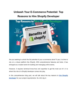 Unleash Your E-Commerce Potential: Top Reasons to Hire Shopify Developer