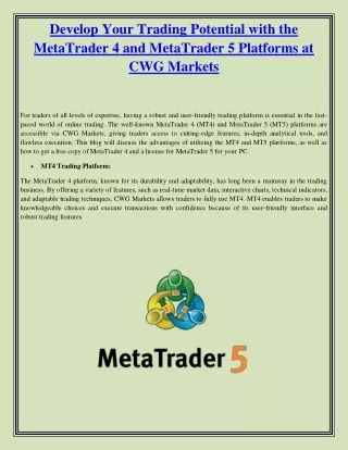 Develop Your Trading Potential with the MetaTrader 4 and MetaTrader 5 Platforms at CWG Markets