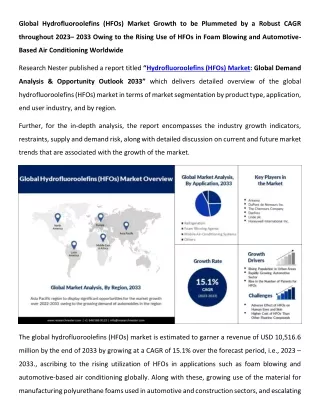 Hydrofluoroolefins (HFOs) Market Business Opportunities 2023-2033