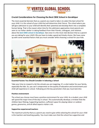 Crucial Considerations for Choosing The Best CBSE School in Gorakhpur