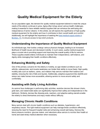 Quality Medical Equipment for the Elderly