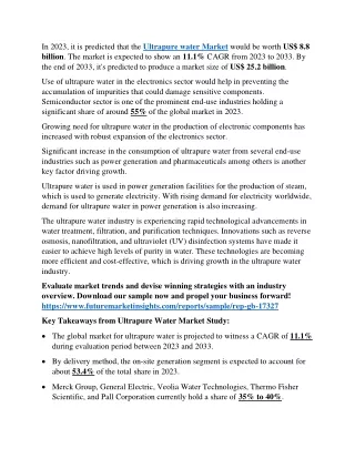 Ultrapure Water Market to Grow at 11.1% CAGR, Touching US$ 25.2 Billion by 2033