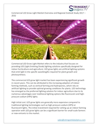 Commercial LED Grow Light Market Overview and Regional Outlook Study 2017 – 2032