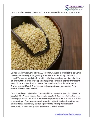 Quinoa Market Analysis, Trends and Dynamic Demand by Forecast