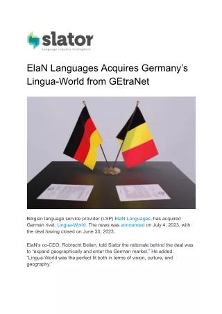 ElaN Languages Acquires Germany’s Lingua-World from GEtraNet