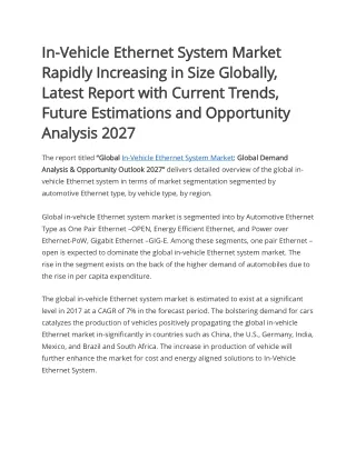 In-Vehicle Ethernet System Market Future Estimations 2027