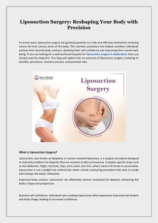 Liposuction Surgery - Reshaping Your Body with Precision