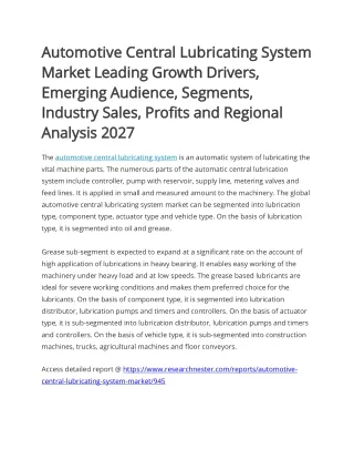 Automotive Central Lubricating System Market Analysis 2027