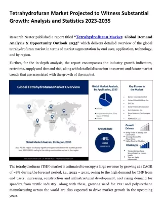 Tetrahydrofuran Market Expansion: Trends and Business Opportunities 2023-2035