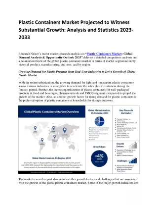 Plastic Containers Market Size and Share Analysis by Top Companies, 2023-2033