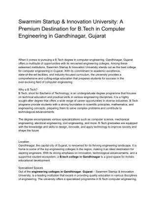 Swarrnim Startup & Innovation University: A Premium Destination for B.Tech in Co