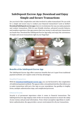 Safedeposit Escrow App: Download and Enjoy Simple and Secure Transactions