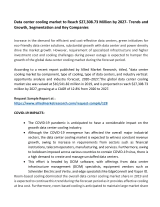 Data center cooling market to Reach $27,308.73 Million by 2027- Trends and  Grow
