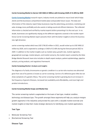 Carrier Screening Market to Garner USD 5460.12 Million with Growing CAGR of 15.40 by 2029