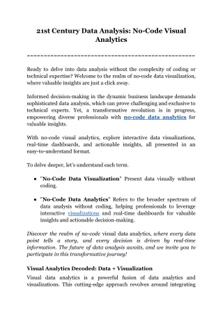 21st Century Data Analysis: No-Code Visual Analytics