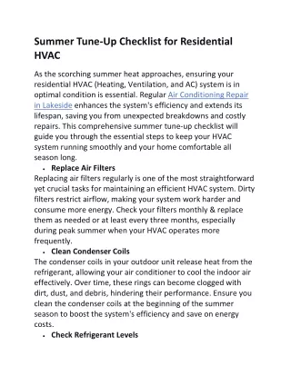 Summer Tune-Up Checklist for Residential  HVAC