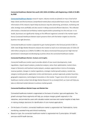 Connected Healthcare Market Size worth USD 15031.34 Million with Registering a CAGR of 23.88 by 2028