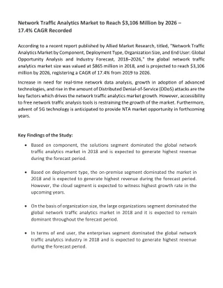 Network Traffic Analytics Market to Reach $3,106 Million by 2026 – 17.4% CAGR