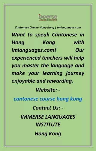 Cantonese Course Hong Kong  Imlanguages