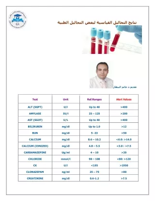 نتايج التحاليل القياسية لبعض التحاليل الطبية