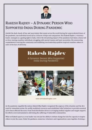 Rakesh Rajdev – A Dynamic Person Who Supported India During Pandemic