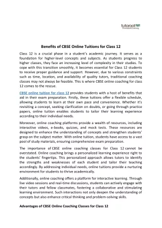 Benefits of CBSE Online Tuitions for Class 12