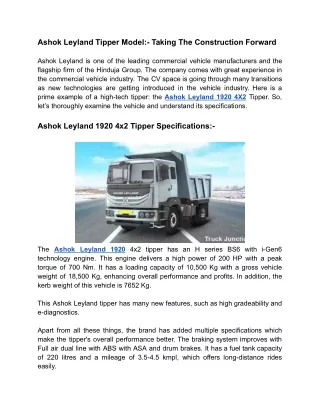 Ashok Leyland Tipper Model:- Taking The Construction Forward