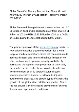 Global Stem Cell Therapy Market Size