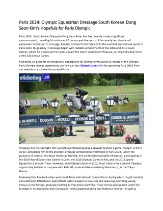 Paris 2024  Olympic Equestrian Dressage South Korean Dong Seon Kim's Hopefuls for Paris Olympic