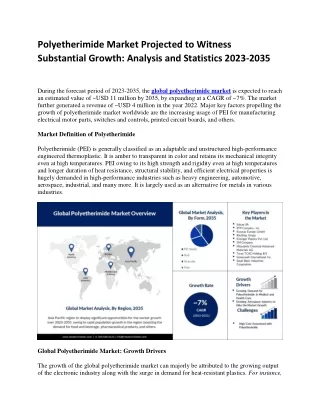 Polyetherimide Market Analysis and Statistics by Top Companies 2023-2035