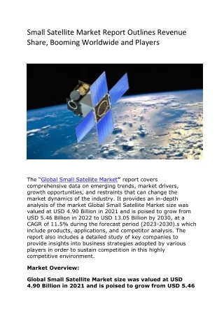 Small Satellite Market Report Outlines Revenue Share