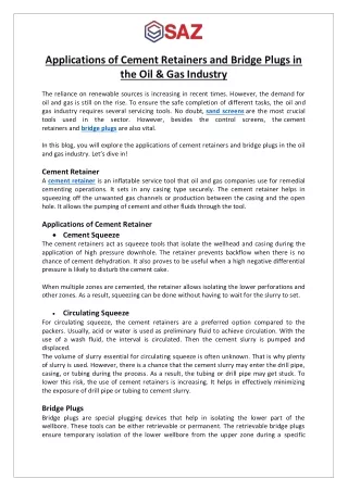 Applications of Cement Retainers and Bridge Plugs in the Oil & Gas Industry