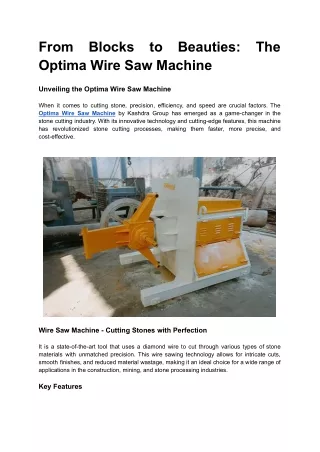 From Blocks to Beauties: The Optima Wire Saw Machine