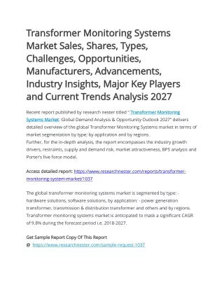 Transformer Monitoring Systems Market Sales, Shares, Types, Challenges 2027