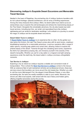 _Discovering Jodhpur's Exquisite Desert Excursions and Memorable Travel Services