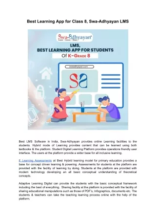 Best Learning App for Class 8, Swa-Adhyayan LMS