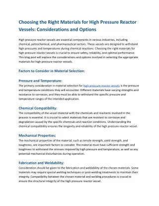 Choosing the Right Materials for High Pressure Reactor Vessels_ Considerations and Options