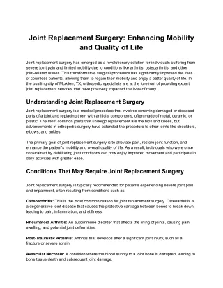 Joint Replacement Surgery: Enhancing Mobility and Quality of Life