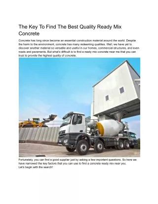 The Key To Find The Best Quality Ready Mix Concrete