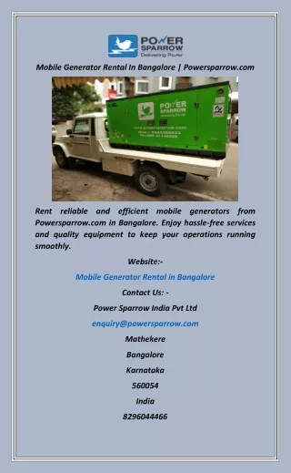 Mobile Generator Rental In Bangalore  Powersparrow