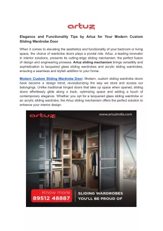 Elegance and Functionality Tips by Artuz for Your Modern Custom Sliding Wardrobe Door