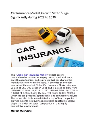 Car Insurance Market Growth Set to Surge Significantly during 2022 to 2030
