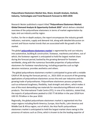 Polyurethane Elastomers Market Statistics by Top Companies 2023-2035