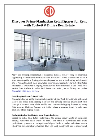 Discover Prime Manhattan Retail Spaces for Rent with Corbett & Dullea Real Estat