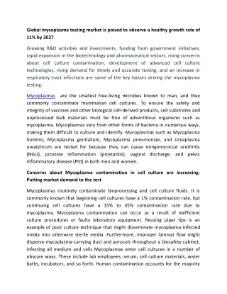 Global mycoplasma testing market to grow at a rate of 11% by 2027