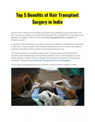 Top 5 Benefits of Hair Transplant Surgery in India