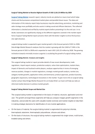 Surgical Tubing Market to Receive Highest Growth of USD 3,101.25 Million by 2029