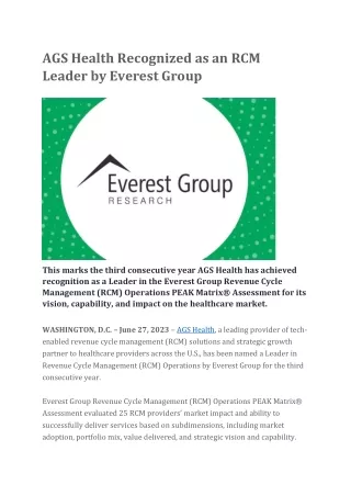 AGS Health Recognized as an RCM Leader by Everest Group